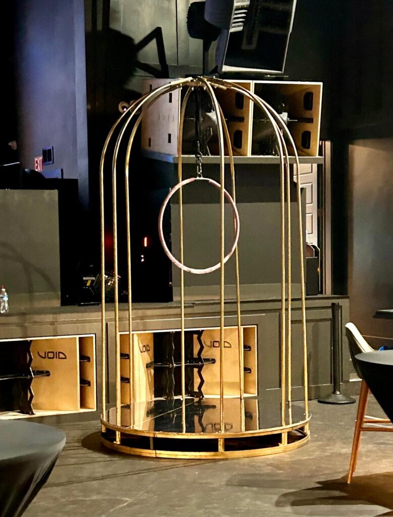 Aerial hoop inside decorative cage setup at a South Florida venue highlighting creative event production and cirque style performance staging